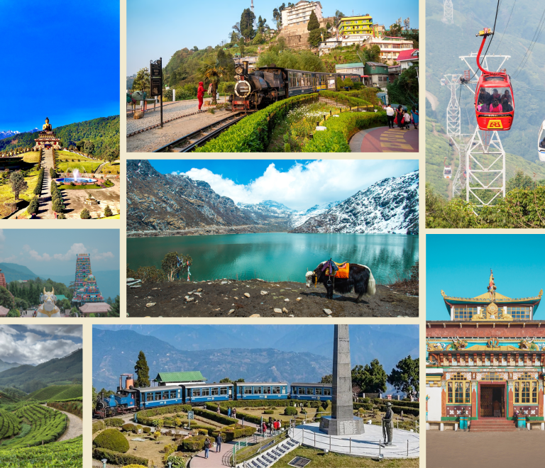 Darjeeling Sikkim Tour Package scenic view with tea gardens, Himalayan mountains, and Gangtok city highlights