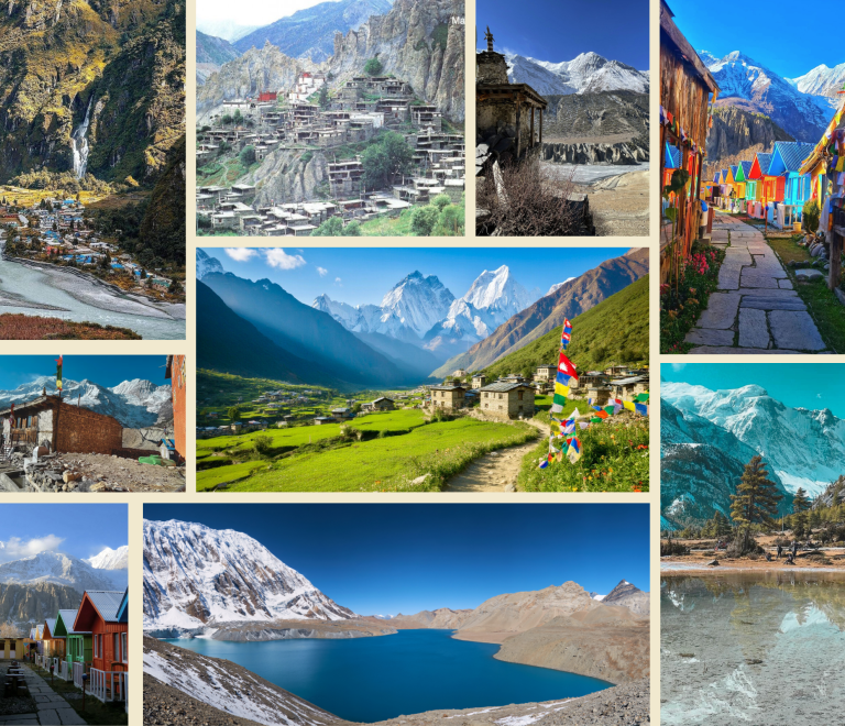 Landscape highlights of a Manang jeep tour featuring Tilicho Lake, the stone houses of Braka village, and colorful teahouses against the Annapurna mountain range.