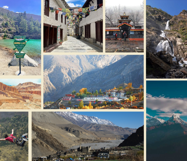 Scenic highlights of an Upper Mustang jeep tour including Dhumba Lake, Muktinath Temple, and the dramatic desert landscape of Lo Manthang, Nepal.